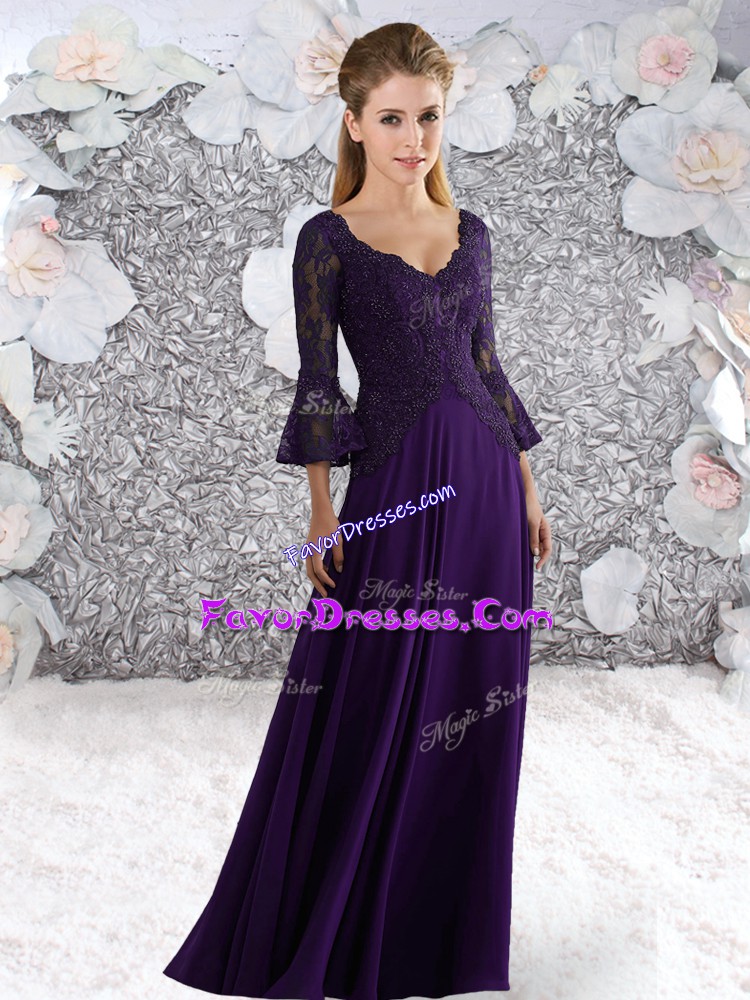 Beauteous V-neck 3 4 Length Sleeve Floor Length Lace Purple Chiffon