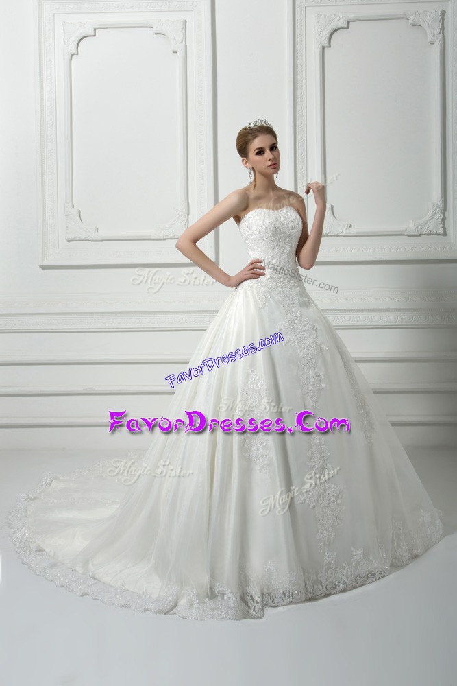  Beading and Lace Bridal Gown White Lace Up Sleeveless Court Train