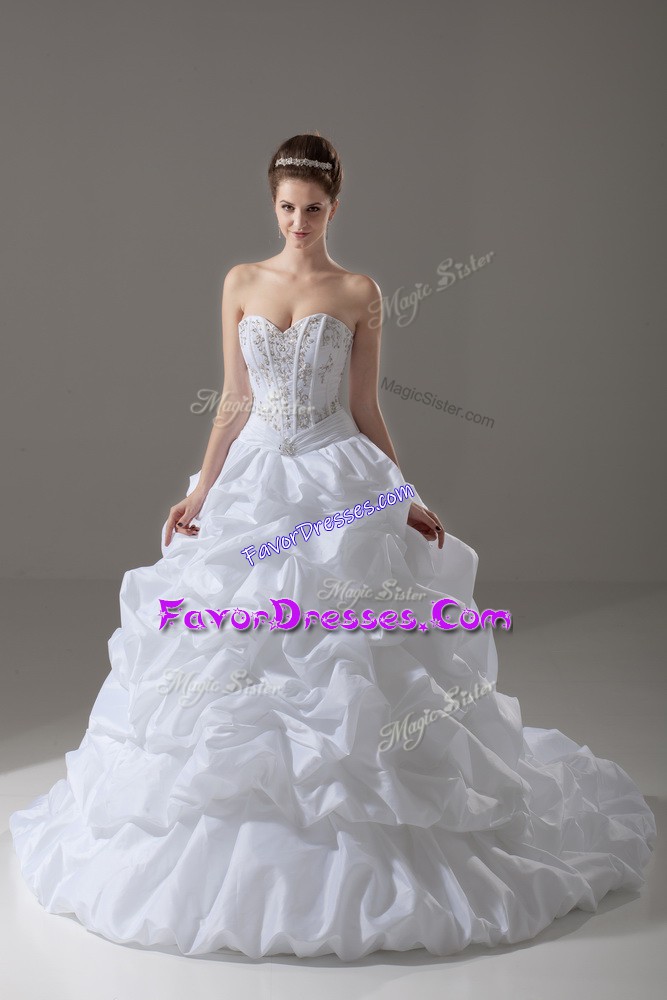 Sweet Beading and Pick Ups Bridal Gown White Lace Up Sleeveless Brush Train