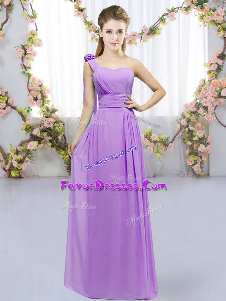  Lavender Empire One Shoulder Sleeveless Chiffon Floor Length Lace Up Hand Made Flower Bridesmaids Dress