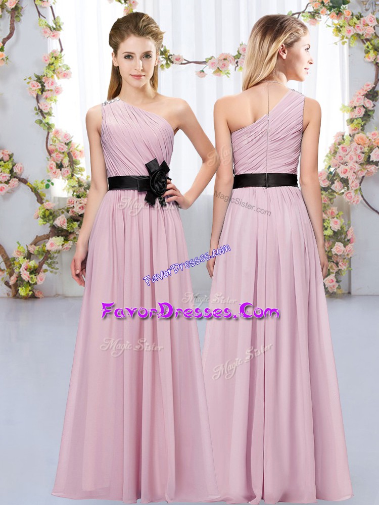 Luxurious Pink Sleeveless Floor Length Belt Zipper Wedding Party Dress