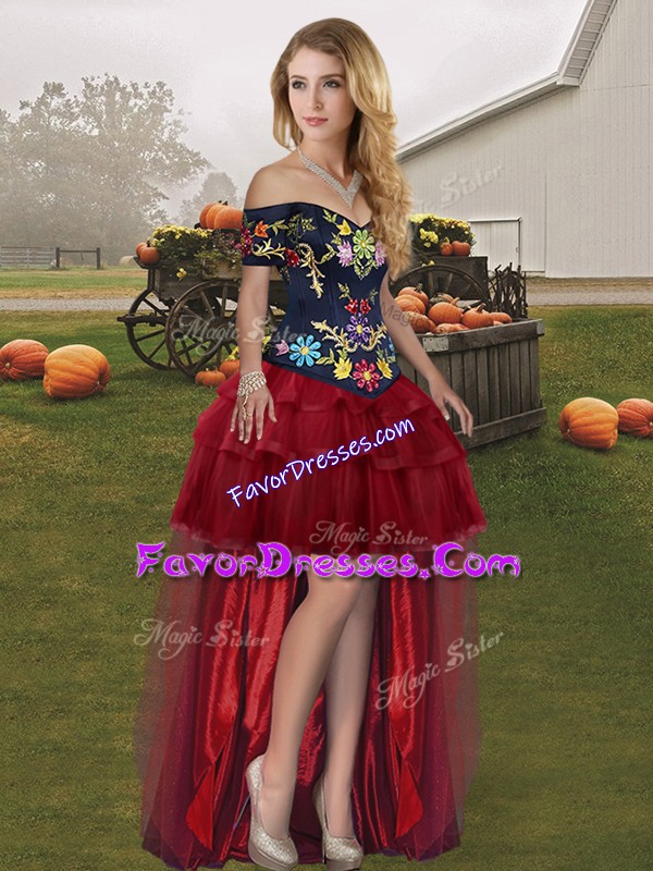  A-line Dress for Prom Wine Red Off The Shoulder Organza Sleeveless High Low Lace Up