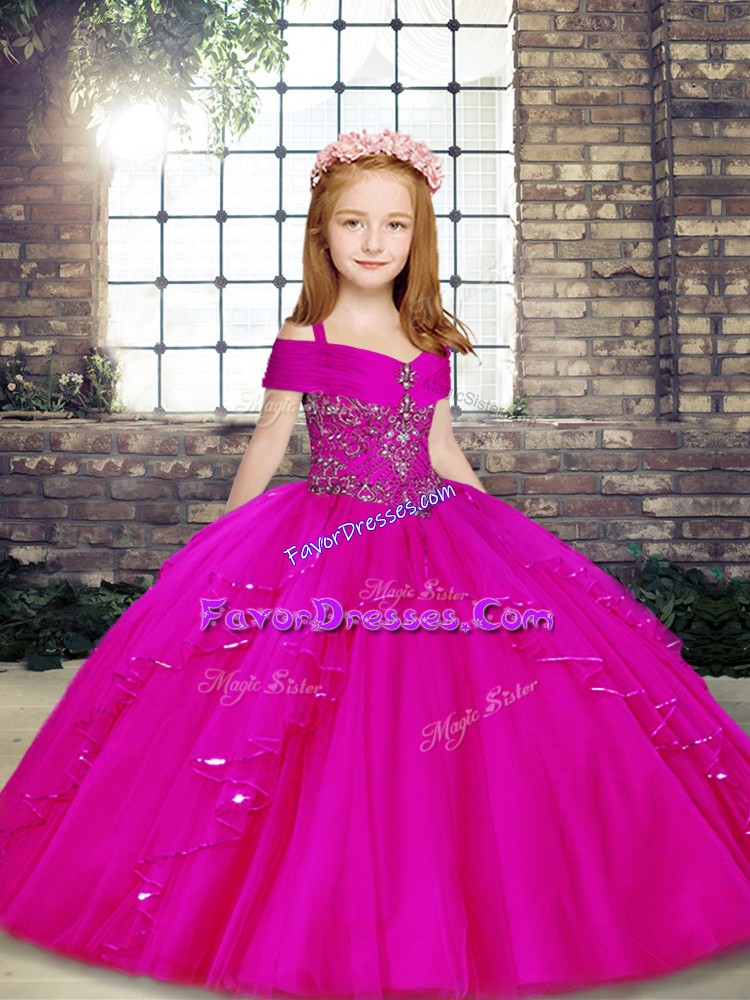  Fuchsia Ball Gowns Straps Sleeveless Tulle Floor Length Lace Up Beading Kids Pageant Dress