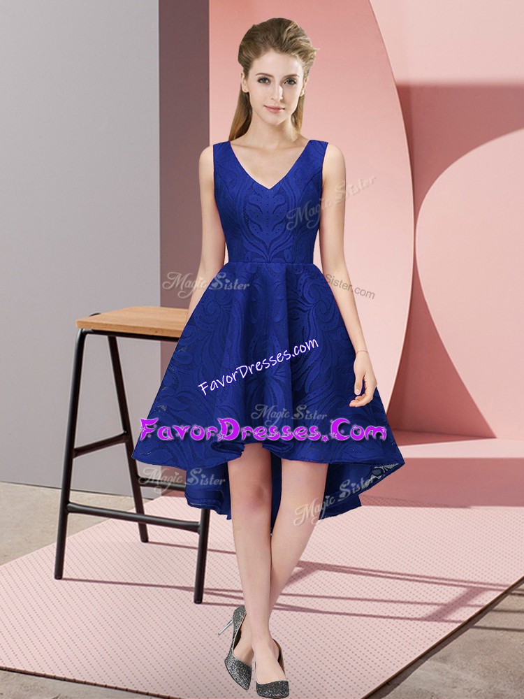  Royal Blue A-line Lace V-neck Sleeveless Lace High Low Zipper Bridesmaid Dress