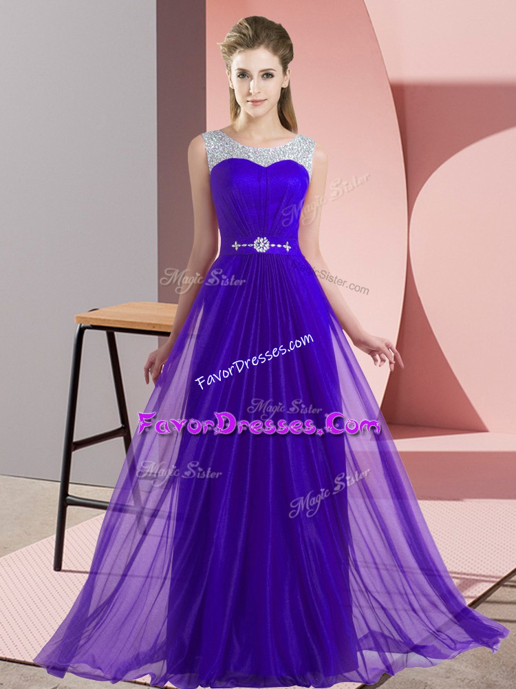 High Quality Sleeveless Floor Length Beading Lace Up Bridesmaid Gown with Purple
