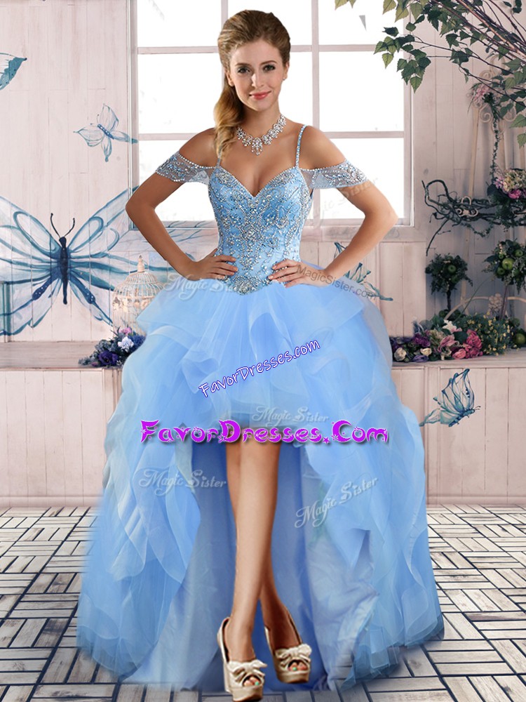 Edgy Light Blue Lace Up Dress for Prom Beading and Ruffles Sleeveless High Low