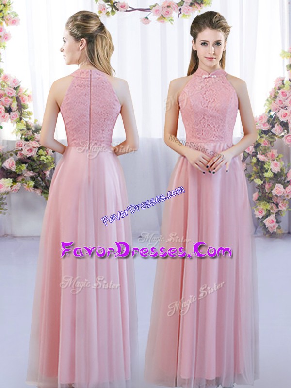 Elegant Pink Sleeveless Lace Floor Length Wedding Party Dress