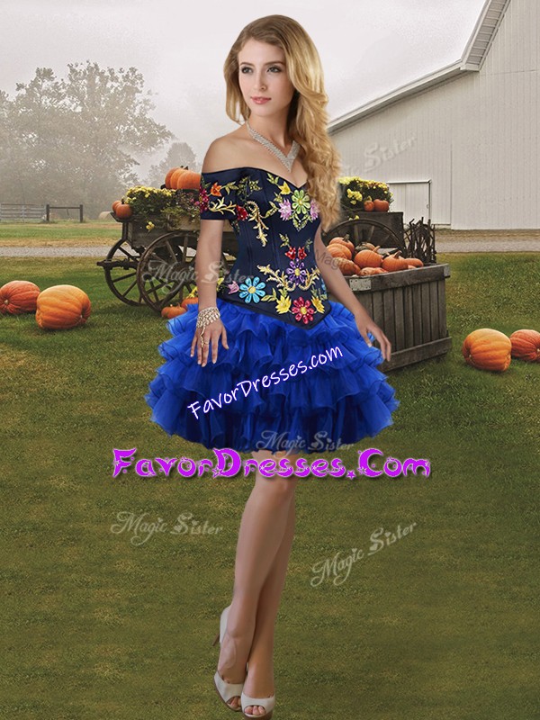  Sleeveless Organza Mini Length Lace Up Homecoming Dress in Royal Blue with Embroidery and Ruffled Layers