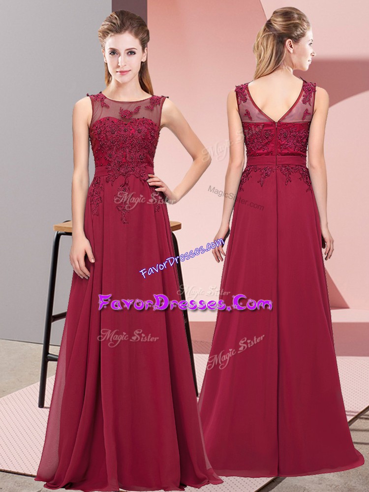  Floor Length Zipper Wedding Party Dress Burgundy for Wedding Party with Beading and Appliques