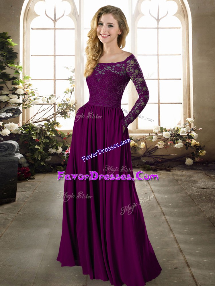  Chiffon Off The Shoulder Long Sleeves Zipper Lace Bridesmaid Gown in Dark Purple