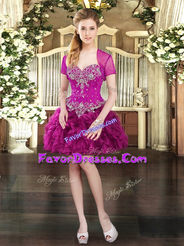 Fashionable Sweetheart Sleeveless Prom Evening Gown Mini Length Beading and Ruffles Fuchsia Organza