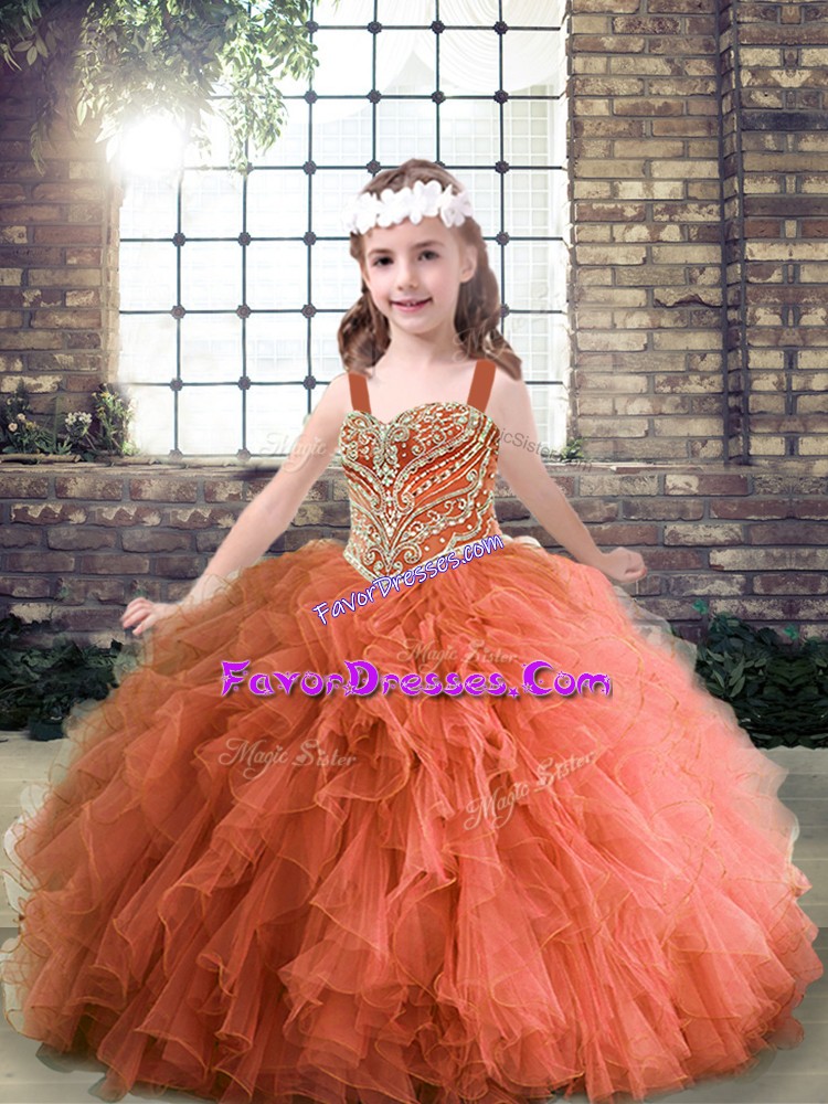 Inexpensive Tulle Sleeveless Floor Length Pageant Gowns For Girls and Beading and Ruffles