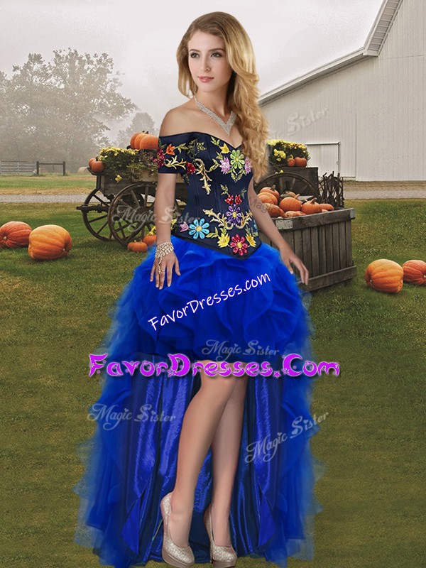  High Low Royal Blue Prom Dresses Tulle Sleeveless Embroidery and Ruffles