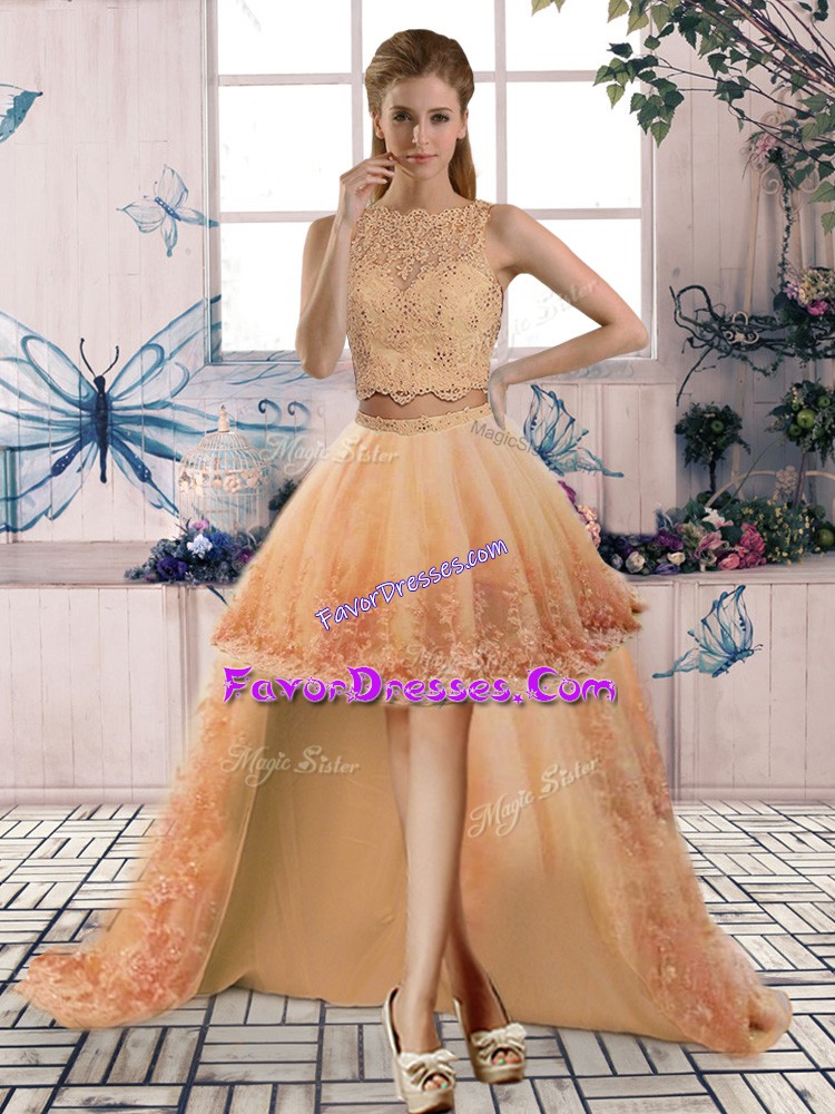  Gold Two Pieces Scoop Sleeveless Tulle High Low Backless Beading and Lace Prom Gown