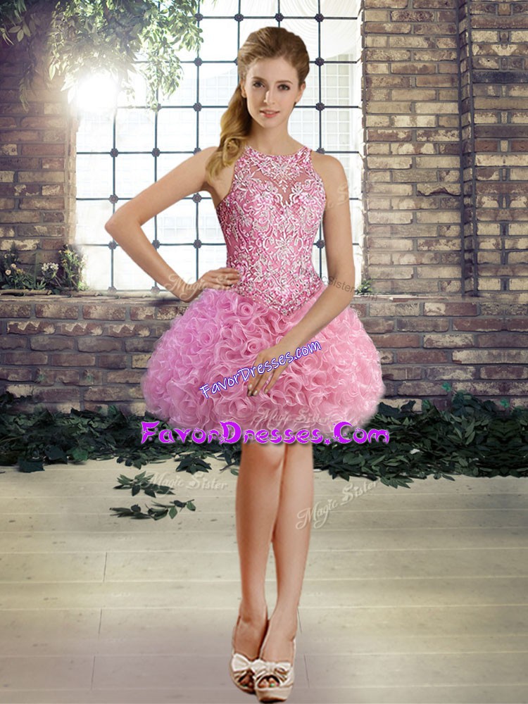  Ball Gowns Prom Party Dress Rose Pink Scoop Fabric With Rolling Flowers Sleeveless Mini Length Lace Up