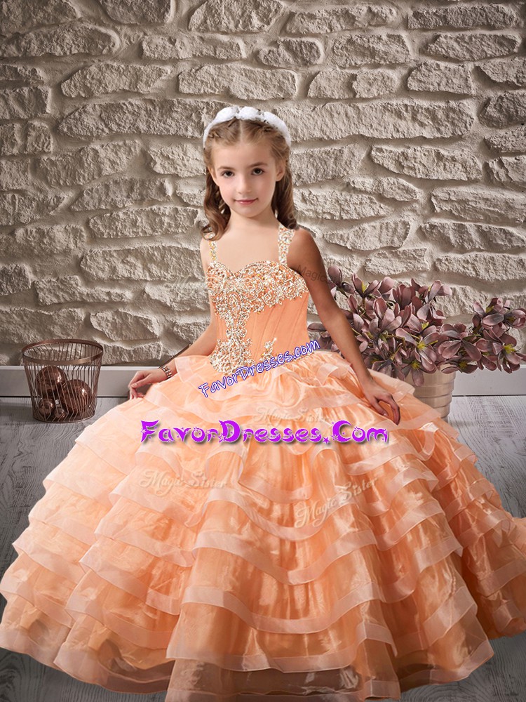 Low Price Orange Straps Lace Up Beading and Ruffled Layers Pageant Gowns For Girls Brush Train Sleeveless