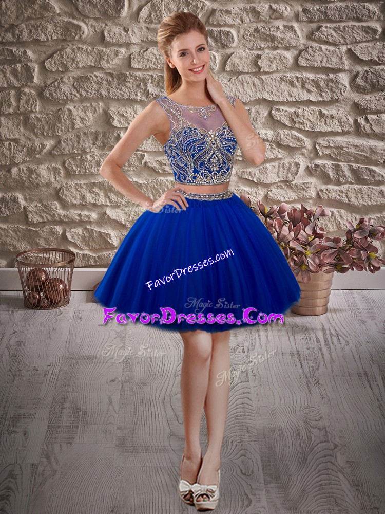  Royal Blue Sleeveless Tulle Lace Up Prom Homecoming Dress for Prom and Party