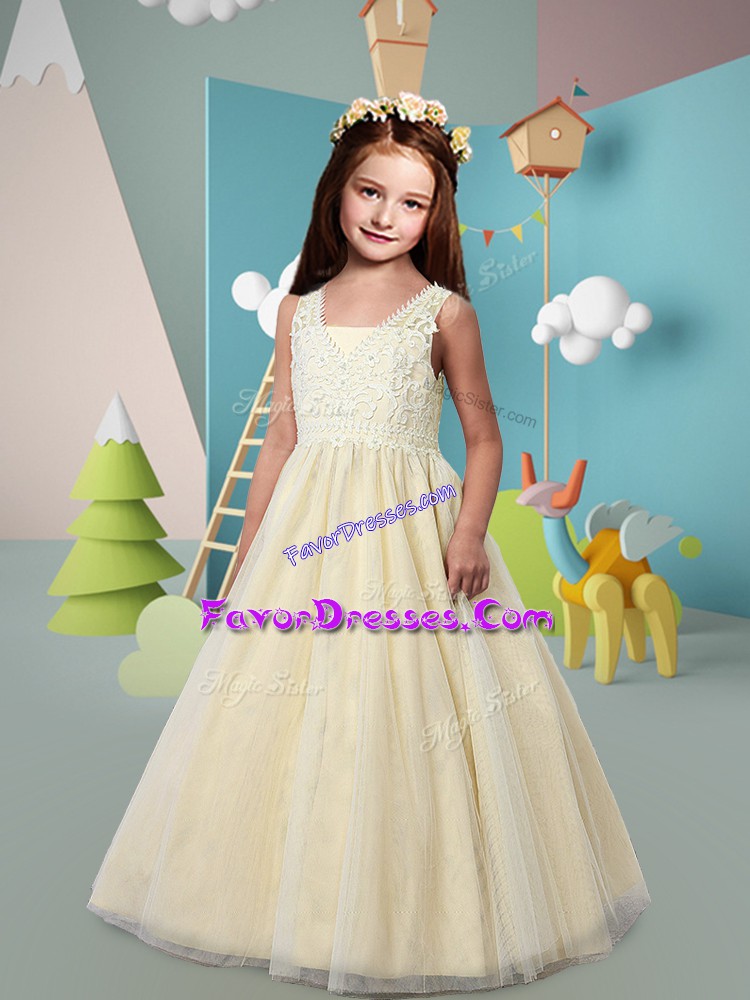  Light Yellow A-line Lace Flower Girl Dresses for Less Zipper Tulle Sleeveless Floor Length