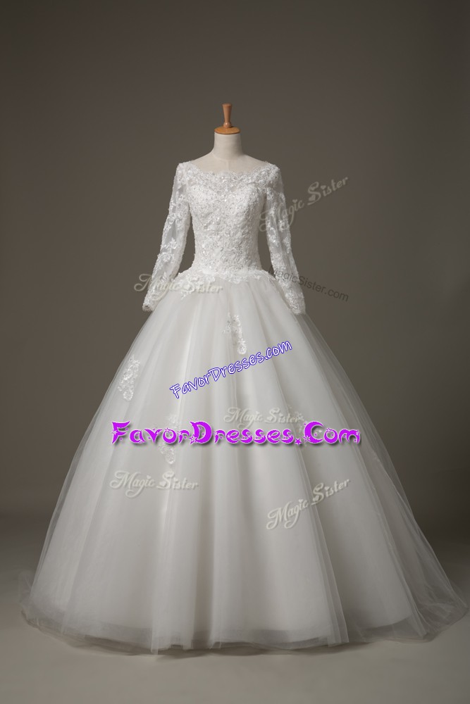  Scoop 3 4 Length Sleeve Bridal Gown Brush Train Beading and Lace White Tulle
