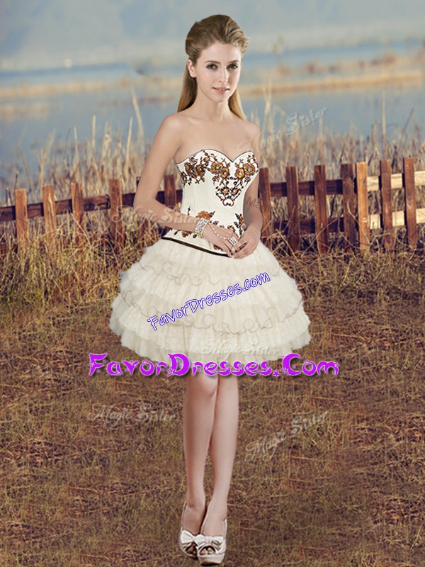  White Organza Lace Up Sweetheart Sleeveless Mini Length Embroidery and Ruffled Layers
