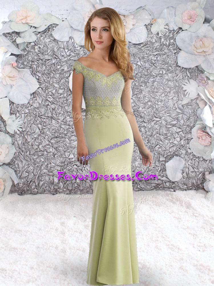 Fashion Beading Prom Evening Gown Yellow Green Zipper Sleeveless Sweep Train