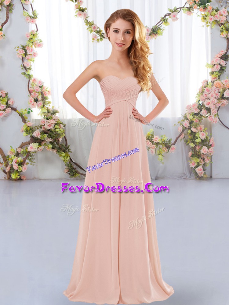 Modest Pink Sleeveless Floor Length Ruching Lace Up Bridesmaid Dresses