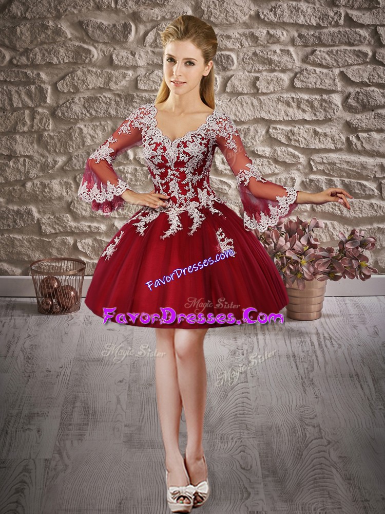  Wine Red V-neck Lace Up Appliques Dress for Prom Long Sleeves