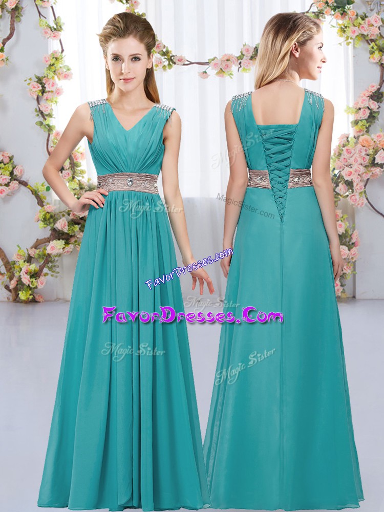  Beading and Belt Quinceanera Court Dresses Teal Lace Up Sleeveless Floor Length