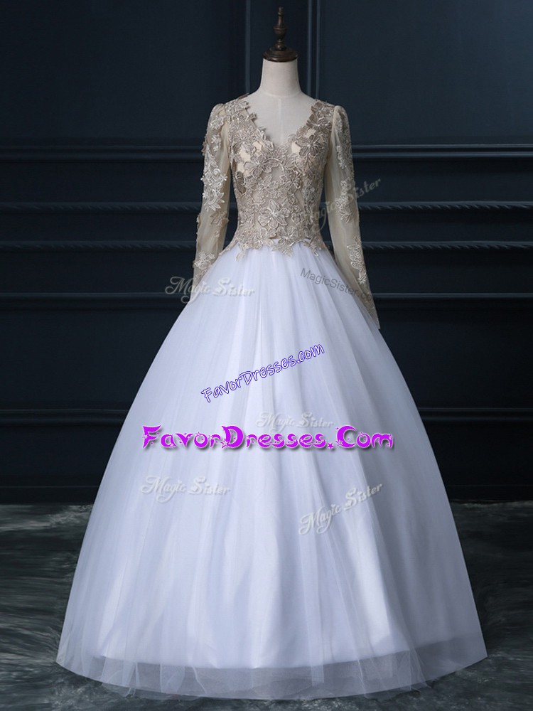 Attractive Floor Length Ball Gowns Long Sleeves White Bridal Gown Zipper