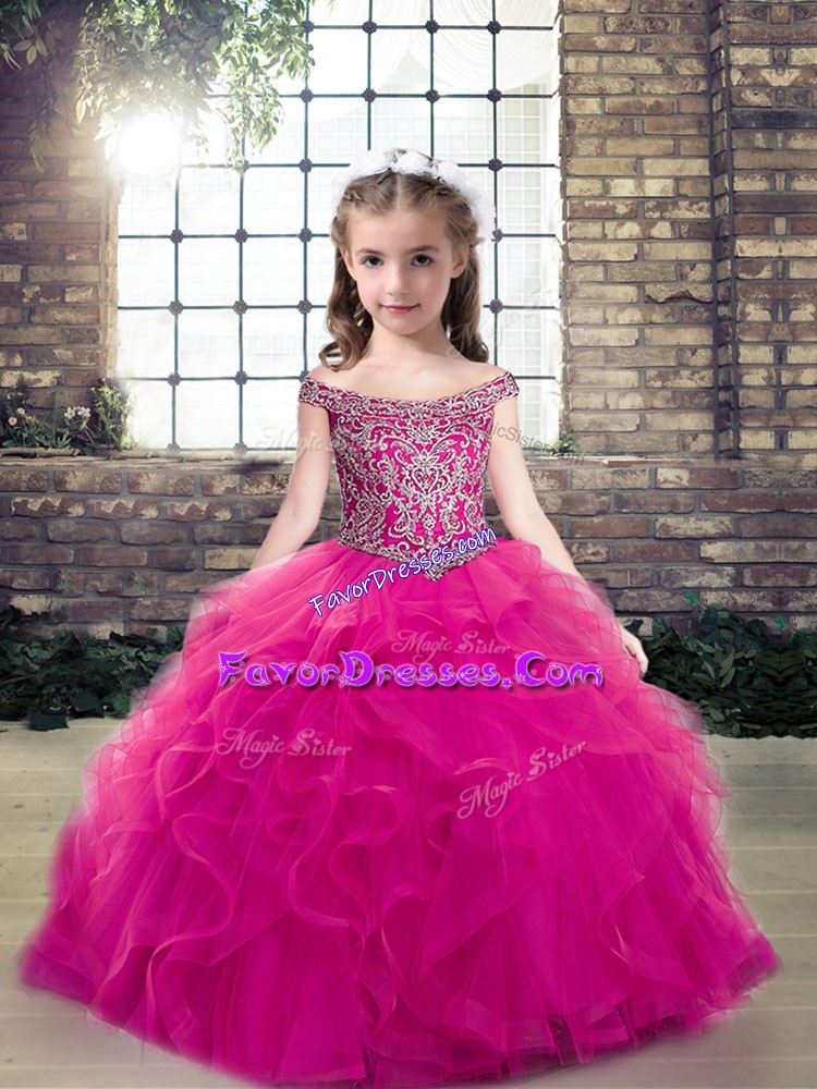  Fuchsia Tulle Lace Up Little Girls Pageant Dress Wholesale Sleeveless Floor Length Beading and Ruffles
