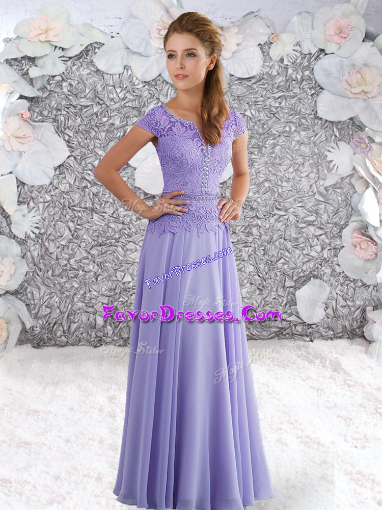  Lavender Scoop Zipper Beading and Lace Prom Dress Short Sleeves