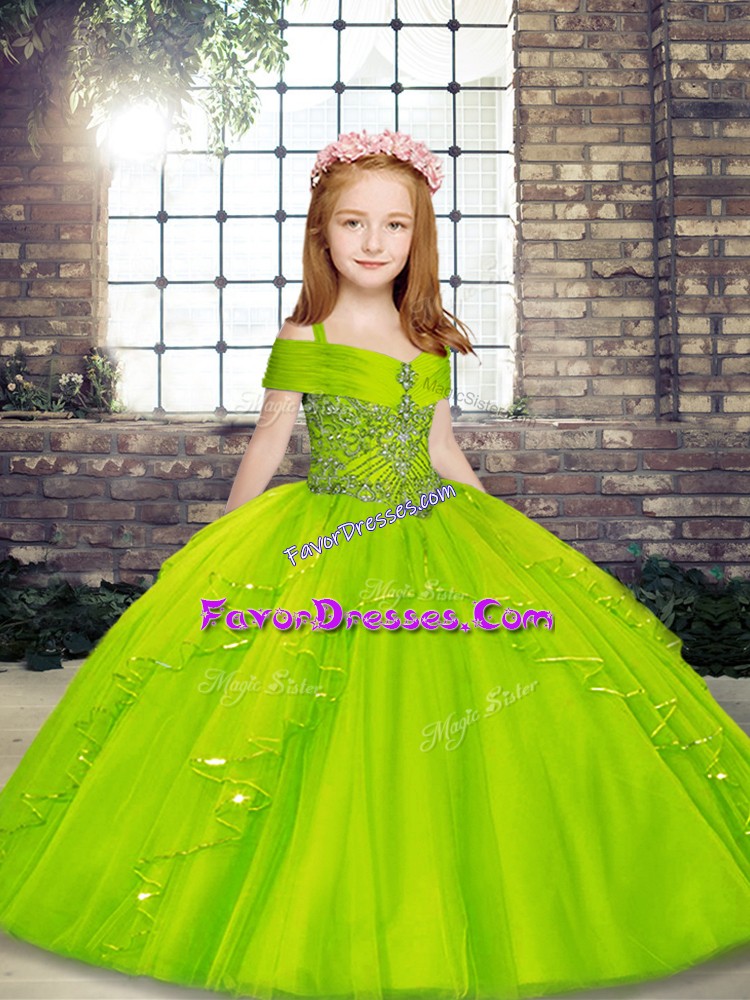 Ball Gowns Tulle Straps Sleeveless Beading Floor Length Lace Up Kids Pageant Dress