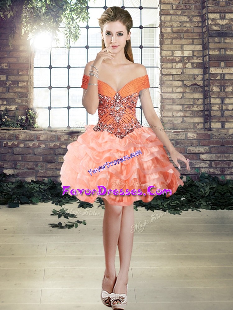  Orange Sleeveless Organza Lace Up Prom Gown for Prom and Party