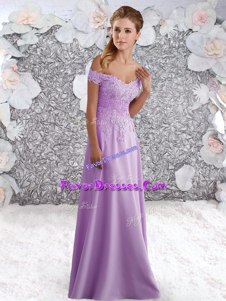  Lavender Empire Off The Shoulder Sleeveless Chiffon Floor Length Zipper Beading and Lace 
