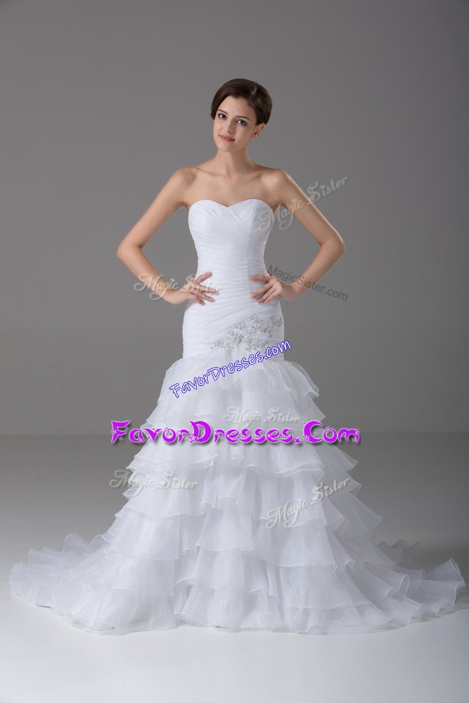  Sweetheart Sleeveless Brush Train Lace Up Bridal Gown White Organza