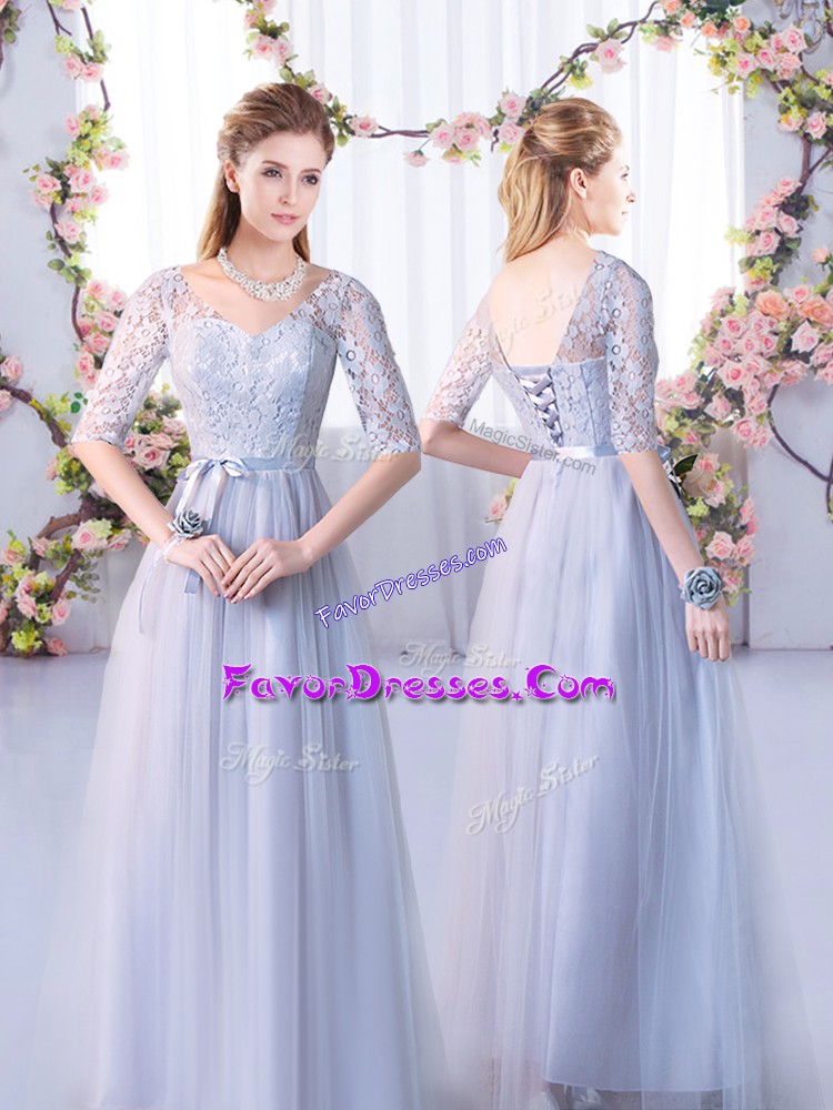  Grey Bridesmaid Gown Wedding Party with Lace V-neck Half Sleeves Lace Up