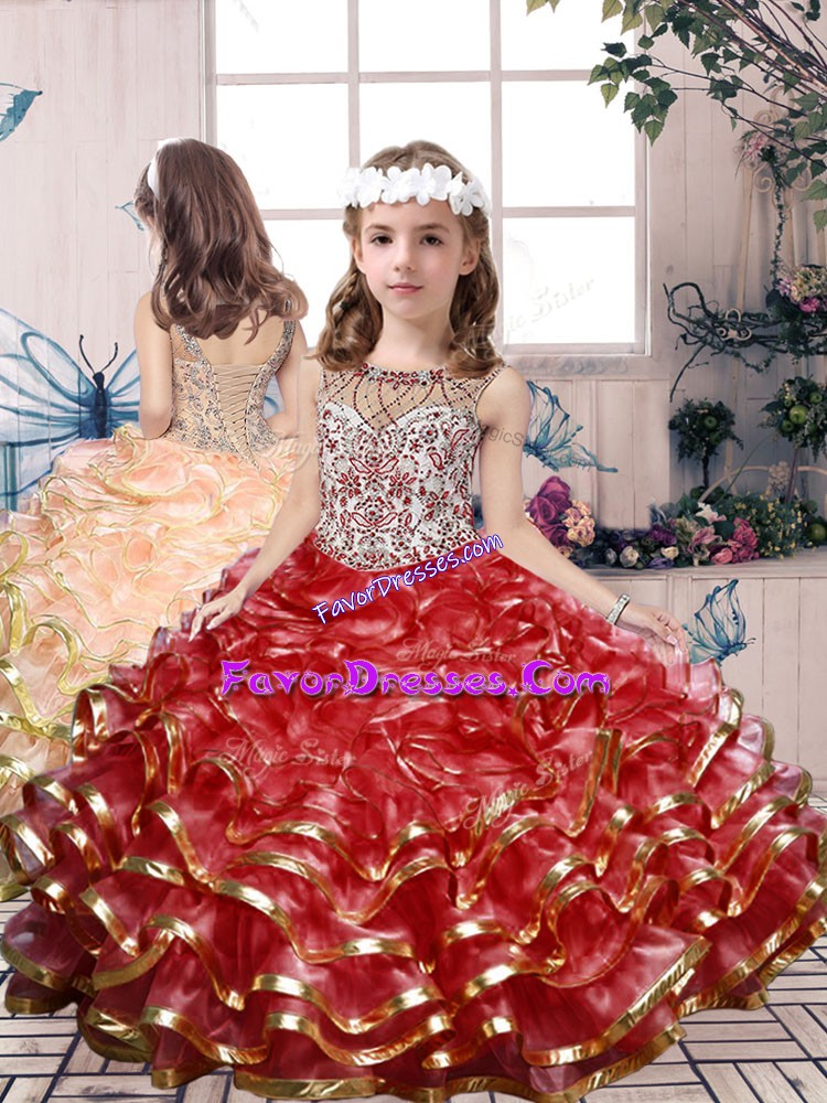  Organza Sleeveless Floor Length Girls Pageant Dresses and Beading and Ruffles