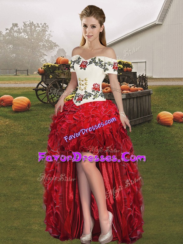  Red Organza Lace Up Homecoming Party Dress Sleeveless High Low Embroidery and Ruffles