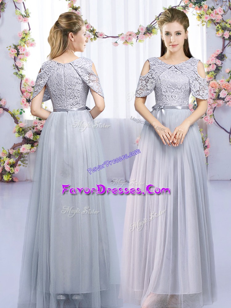  Lace and Belt Bridesmaid Dresses Grey Zipper Sleeveless Floor Length
