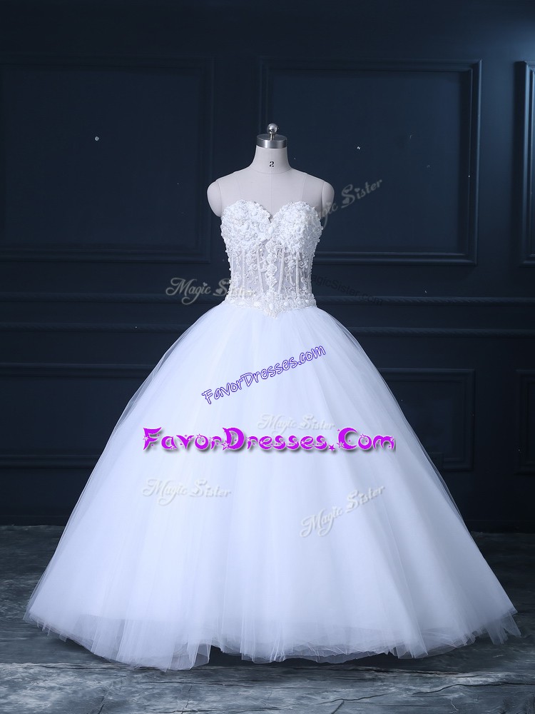  White Tulle Lace Up Wedding Gown Sleeveless Brush Train Beading