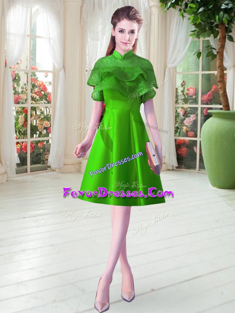  Ruffled Layers Prom Dress Green Lace Up Cap Sleeves Knee Length