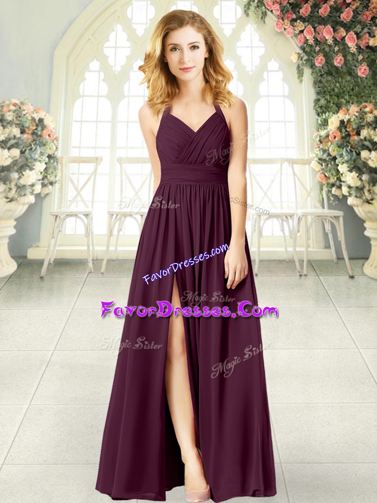Simple Burgundy Chiffon Zipper Halter Top Sleeveless Floor Length Prom Dress Ruching
