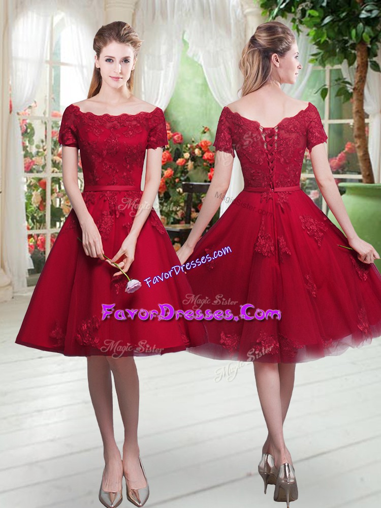 Free and Easy Wine Red Short Sleeves Tulle Lace Up Prom Dresses for Prom and Party