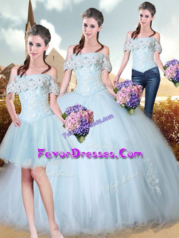 Great Tulle Off The Shoulder Sleeveless Lace Up Beading and Lace and Appliques Quinceanera Dresses in Light Blue