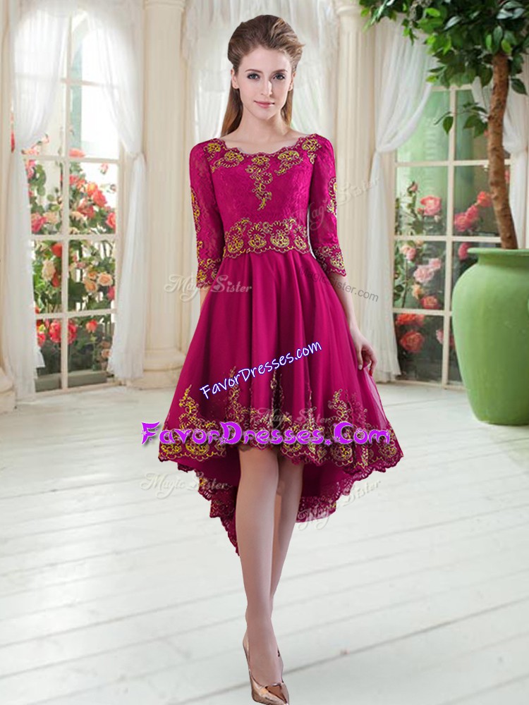 Fine Fuchsia Scoop Neckline Embroidery Prom Dresses Long Sleeves Lace Up