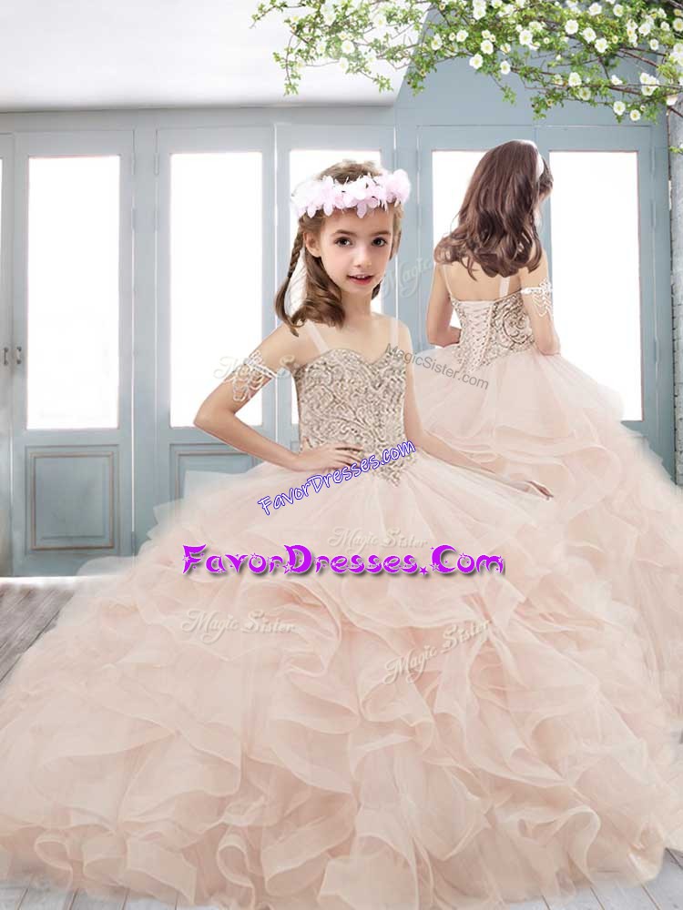 Fancy Sleeveless Brush Train Beading and Ruffles Lace Up Little Girl Pageant Dress
