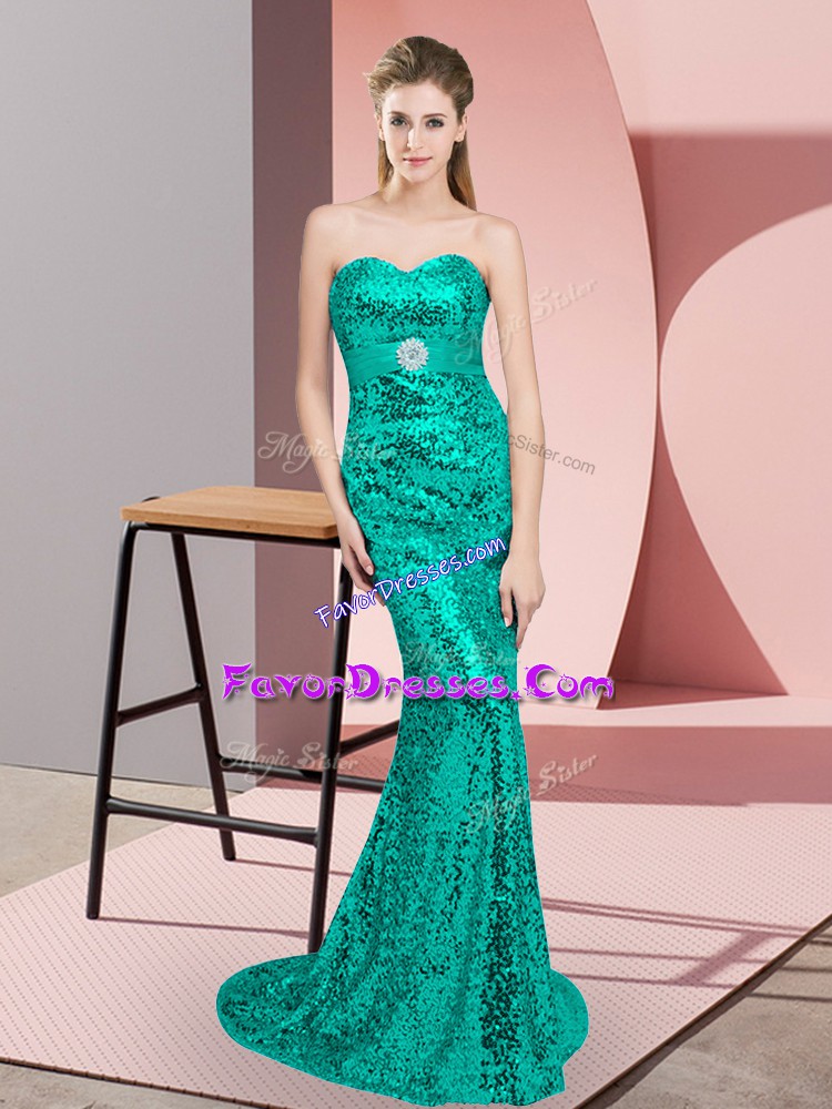  Turquoise Sleeveless Sequined Sweep Train Lace Up Homecoming Dress for Prom and Party
