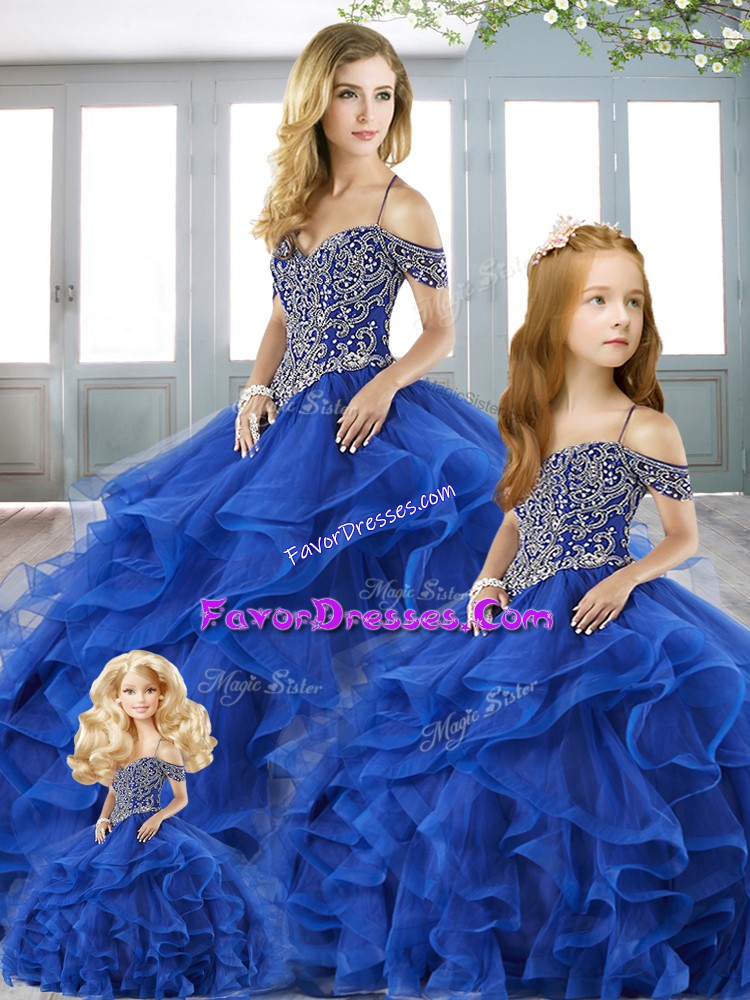 Royal Blue Organza Lace Up Off The Shoulder Sleeveless Floor Length Quinceanera Gown Beading and Ruffles