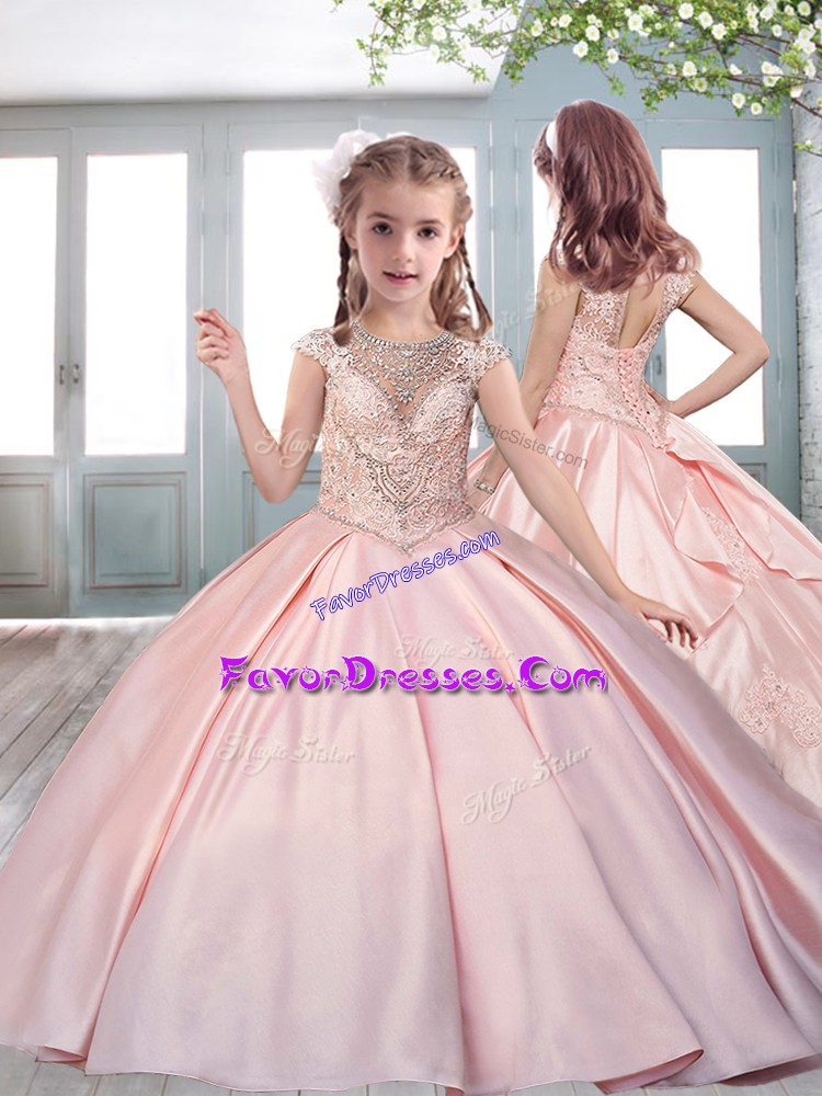  Ball Gowns Cap Sleeves Pink Little Girls Pageant Dress Sweep Train Lace Up
