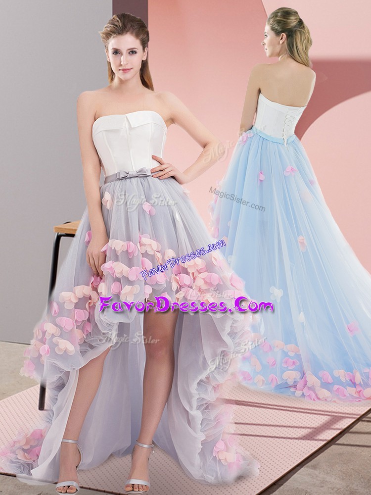  High Low Lace Up Prom Gown Grey for Prom and Party with Appliques